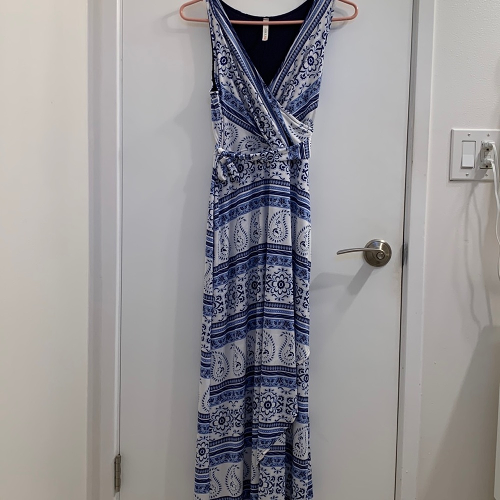 Jersey faux wrap Maxi dress blue and white print.